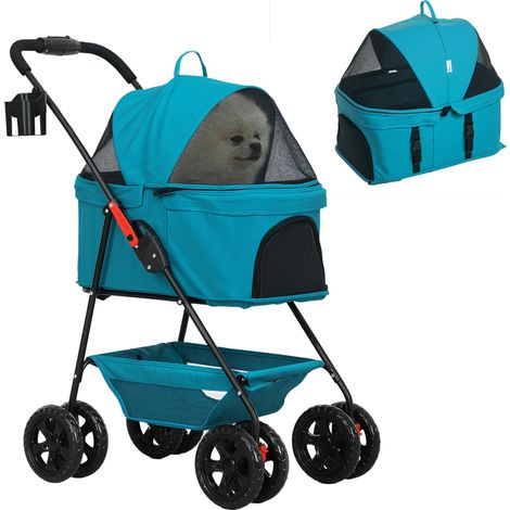 Poussette 3 en 1 pour animaux de compagnie, poussette pliable pour chien et chat avec 4 roues et panier amovible, turquoise