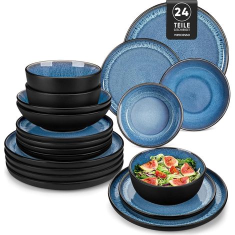 Geschirrset Steingut 6 Personen 24tlg Blau Teller 24 Teile Set Blau (1/5)