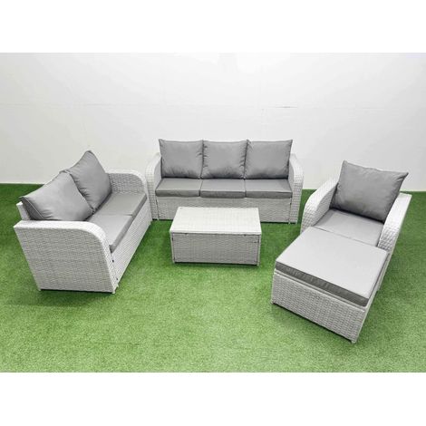 Fimous Patio PE Wicker 7 Seater Outdoor Rattan Furniture Sofa Sets with Rectangular Coffee Table Reclining Chair Loveseat Sofa 3 Seater Sofa Big Footstool Light Grey (1/4)
