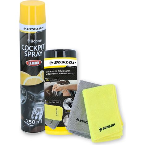 Pack Chiffon Microfibre 35x40cm 300gsm et Spray Cockpit 750ml Citron DUNLOP - Nettoyant Intérieur, Parfum Frais, Brillant