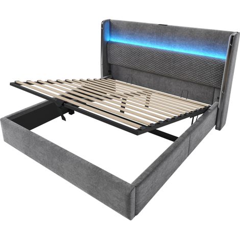 Hydraulisches Bett 160x200 cm mit hohem Kopfteil, LED, USB-C und Matratze, Grau (1/5)