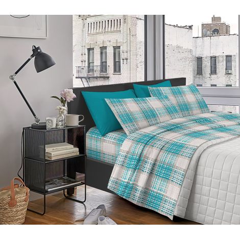 Completo Letto Matrimoniale ,100% Cotone Intrecci azzurro