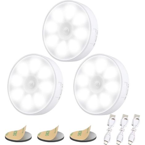 [Pack of 3] USB Rechargeable Automatic LED Night Light,6000K Induction Night Light & 8 LEDs & 400mAh Battery,Motion Sensor Lamp,LED Adhesive Lamp with Magnetic Base [Energy Class A] (1/5)