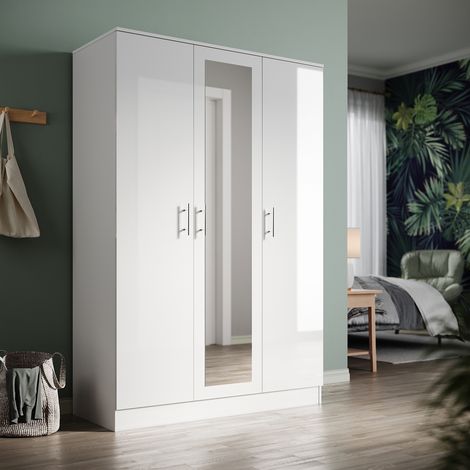 ELEGANT Modern White 3 Doors Wardrobes Bedroom Closet Storage Furniture with Full Length Dressing Mirror and Hanging Rail, High Gloss & Matt (1/5)