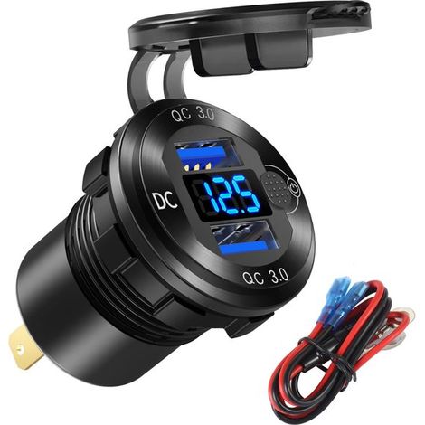 Presa USB 12V/24V Quick Charge 3.0 Doppia presa USB per auto con voltmetro blu，caricabatterie USB impermeabile in alluminio per accendisigari (1/5)