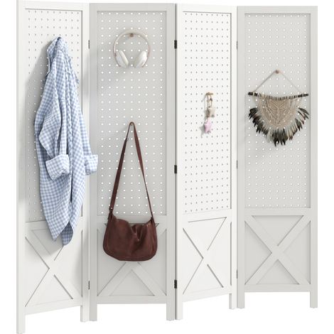 Paravent intérieur bois 4 panneaux séparateur pliable panneau perforé 152x1,7x144,5 cm, blanc (1/5)