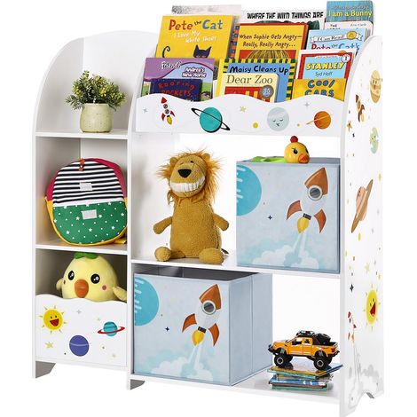 Étagère De Rangement Pour Enfants, Bibliothèque, Pour Livres Et Jouets, Organisateur Avec 2 Boîtes De Rangement, Pour Salle De Jeux, Chambre D’enfants, Salon, Blanc Nuage Avec Motifs (1/5)