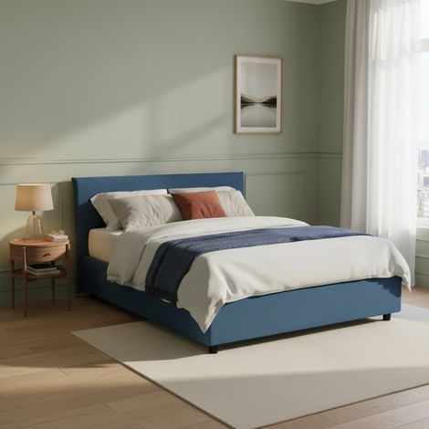 Talamo Italia Lit double Beata, Lit conteneur avec revêtement en tissu, 100% Made in Italy, Ouverture frontale, avec matelas Cm 140x190 inclus, Bleu, avec emballage renforcé (1/5)
