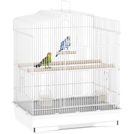 Cage à oiseaux volière blanche avec mangeoires, perchoirs et plateau excrément amovible, 46,5 x 36 x 59 cm. (1/5)
