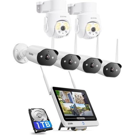 Kit Caméra de Surveillance Extérieure WiFi6 avec Moniteur de 12”, 8MP 8CH NVR 1TB HDD, Plug-in Caméra IP 3MP avec 2pcs 5MP Caméra PT à 360° Audio Bidirectionnel, Reconnaissance de Personne AI (1/5)