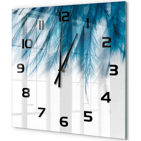 Grande Horloge Murale Carrée Contemporaine en Verre Silencieuse Salon Cuisine Bureau Plumes bleues 60x60 cm (1/5)