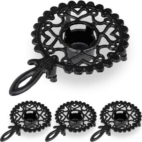 Set of 4 Relaxdays Pot Warmers for Tea & Coffee, 1 Tealight, Mug Tray, Candle Holder, Antique Design, Cast Iron, Black