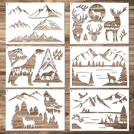 6 Pochoirs Montagne pour Peindre sur Bois, Pochoirs Réutilisables Modèle de Cerf, Motifs Forestiers pour Dessin Mural, Tissu, Meubles, Toile, Artisanat (1/5)