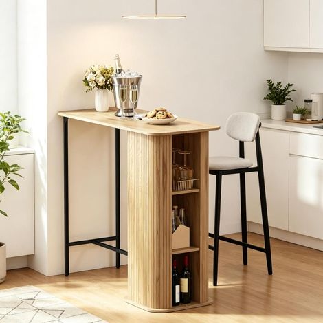 Pour un coin petit-déjeuner ou bar convivial, table haute avec rangement intégré et design à lattes nordique (1/5)