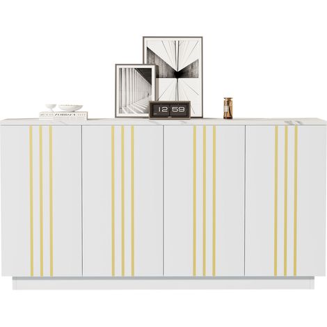 CHICFURN Mueble TV 140x35x70 cm de aglomerado blanco y dorado, 4 puertas (1/5)