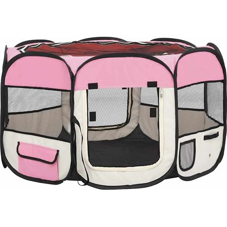 Parc pour chien pliable avec sac de transport en acier et polyester Rose et crème 110 x 110 x 58 cm (1/5)