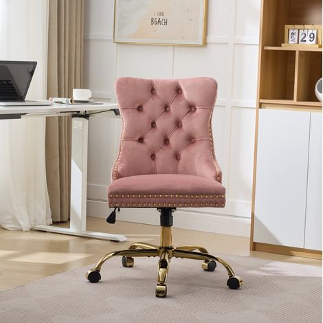 silla oficina terciopelo rosa base metal dorada OKMYHOME (1/5)