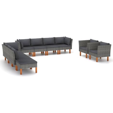 Set di mobili da giardino mobili da esterno 10 pezzi resina intrecciata e legno di eucalipto grigio 020015280