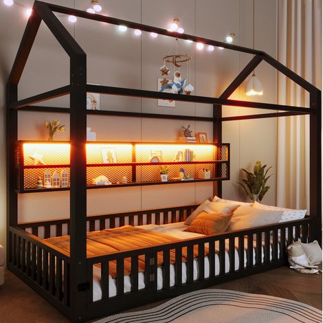Cama infantil de metal negra 90x200 cm con diseño de casa, barandilla de seguridad y LED (1/5)