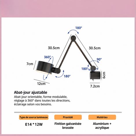 Applique Murale Bras Articulé Extensible Bauhaus LED, noir sablé - lumière chaude, 15 kg – Livraison gratuite