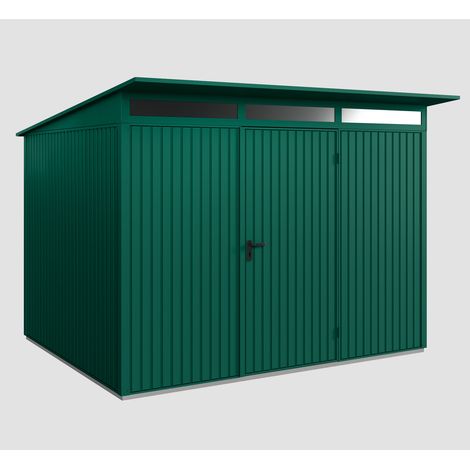 Hörmann Ecostar Metall-Gerätehaus Trend mit Pultdach Typ 3, 313 x 283 cm, moosgrün, 7,2 m², 1-flüglige Tür
