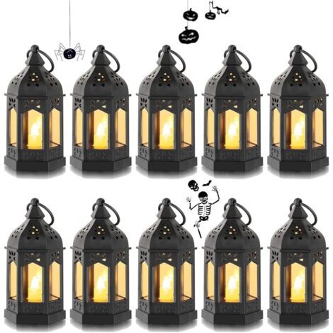 Mini Lanterne LED Exterieur - Lot de 10 Lanterne Bougie Noir Decorative Bougeoir pour Halloween, Ramadan, Mariage, Noel, Decoration de Table, Piles Incluses (1/4)