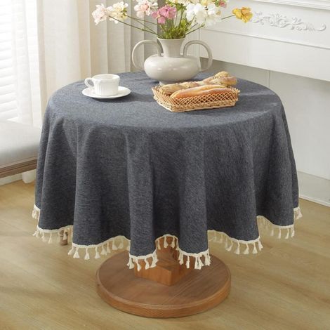 Nappe ronde à pompons en coton, Noir Clair, 120cm