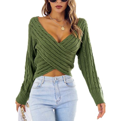 Pull court à manches longues et col en V pour femme, en maille côtelée, style décontracté. (1/5)
