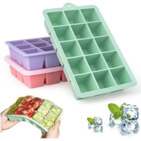 Lot de 3 Bacs à glaçons,Silicone alimentaire,Sans BPA,Empilable,Couvercle amovible,Boissons et aliments (1/3)