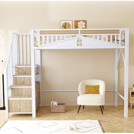 Hochbett modern aus Metall und Holz Weiß 90x200 cm mit Stauraumtreppe, kleinem Schrank, Lattenrost und Sicherheitsgitter