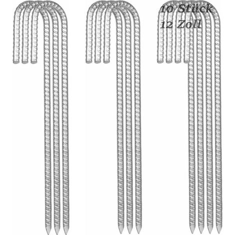 Lot de 10 piquets de sol galvanisés de 12 pouces, piquets de tente en forme de J, piquets de jardin, crochets en J avec pointe de ciseau, ancrage au sol pour trampoline, auvents, balançoire (1/5)