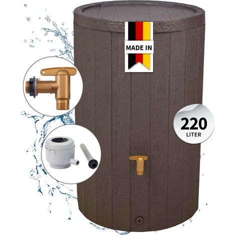 4rain MADERA Regentonnen Komplett-Set 220 Liter braun inkl. Kunststoff-Auslaufhahn und Fallrohranschluss
