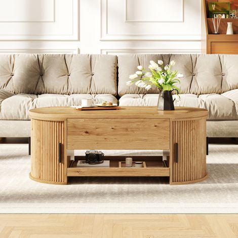 Mesa de centro con función elevable, mesa de salón con espacio de almacenamiento oculto, mesa auxiliar moderna con estructura ranurada, puertas laterales correderas y práctico espacio de almacenamient (1/5)