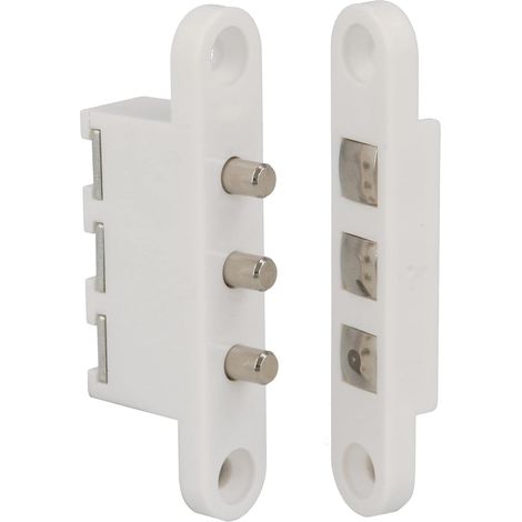 Connecteur passe-courant pour portes avec 3 Bornes Mod. 2P  Ampérage maximum : 2 A  71 x 14 mm  Permet le passage du courant lorsque la porte est fermée  Nylon blanc