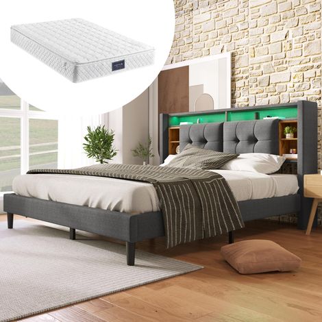Lit double capitonné avec tête de lit de rangement, port de chargement USB et éclairage LED, cadre de lit en bois avec sommier à lattes, 160200cm, gris (avec matelas) (1/5)