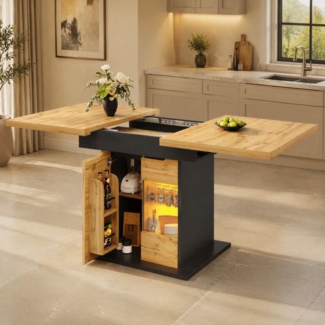 Mesa alta 137-215x39x102.3cm extensible, 6 cajones, MDF, ruedas con bloqueo, negro