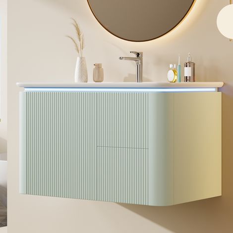 Mobile bagno sotto lavabo 80,5x47,5x51 cm con LED a sensore radar, cassetti soft close e lavabo integrato, verde (1/5)