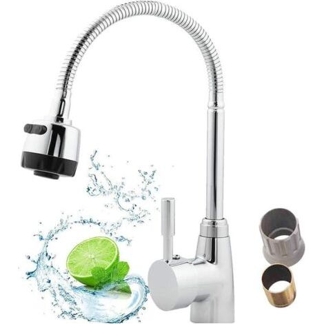 FENOPLASTICARobinet d'eau chaude et froide réglable, robinet de cuisine, robinet de cuisine avec pulvérisateur extractible, rotation à 360°, 2 types de becs, avec écrou en plastique, adapté pour la cu (1/4)