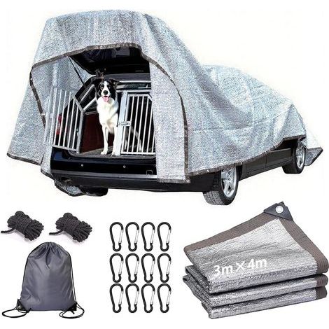 Filet d'ombrage pour voiture et chien 3x4 m, filet de protection solaire pour voiture, filet d'ombrage en aluminium, toile réfléchissante pour camping, filet d'ombrage en aluminium avec œillets 80% UV (1/5)