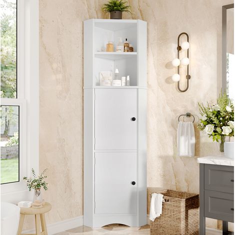 Meuble de salle de bain d’angle MDF blanc 51,7 cm avec 2 portes, 2 niches ouvertes et étagères réglables (1/5)