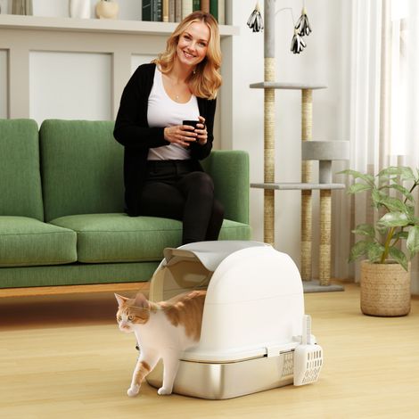 Bac à litière en acier inoxydable avec couvercle, bac de récupération et pelle à litière inclus, pour chats de moins de 5 kg, 52,4 x 41,3 x 42 cm, blanc