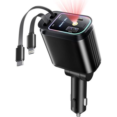 Cargador de coche retráctil 4 en 1 con LED de cielo estrellado，encendedor de cigarrillos USB-C/USB-A (1/5)