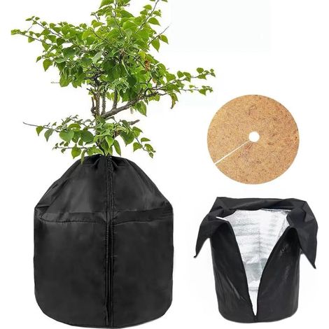 Sac de Protection Thermique pour Pot de Fleurs 50x45cm, Avec Disque en Feutre coco Ø 45cm,Avec Cordon et Fermeture éclair,(Noir) (1/5)
