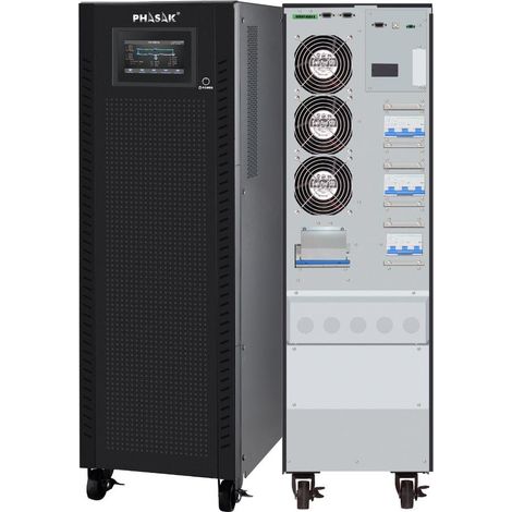 UPS online trifase Phasak, modello PH 9293, 20000 VA, ideale per IT, industria e data center, con doppia conversione, uscita 3P/1P, touch screen, EPO e SNMP. (1/2)