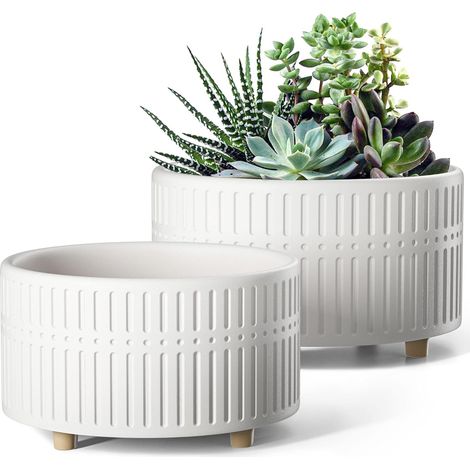 Pot pour Plantes Grasses, 16,5+20 cm Pots de Fleurs Intérieur avec Trou de Drainage, Design Moderne Jardinière pour la Maison et Le Bureau, Idée Cadeau Maman, Lot de 2, Blanc Neutre (1/5)