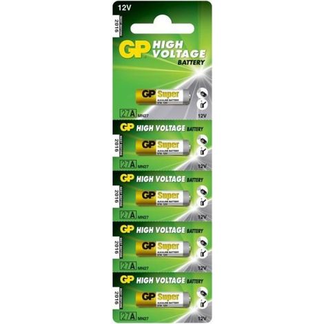 Pile Alcaline 27A - 12 V - 28 mm x 7,5 mm - Pour Alarme Et Sonar - Carte De 5 (1/5)
