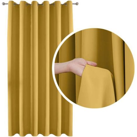 Rideau Occultant - 90 % D'Obscurcissement - Anneaux Et Œillets Inclus - Jaune Moutarde Miel - 140 X 250 Cm (1/4)