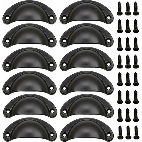 12 Pièces Poignée de Porte Coquille, Rétro Poignées de Porte, Poignées de Meubles Traditionnelles en Demi Lune Avec Vis, pour Tiroir, Armoire, Commode (Noir) (1/5)