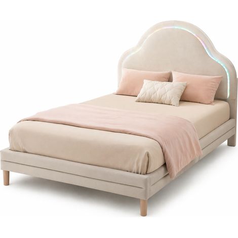 Lit simple capitonné avec tête de lit nuage, LED multicolores à modes changeants, sommier à lattes en bois, velours beige, 90x200 cm, pour chambre enfant CHICFURN (1/5)