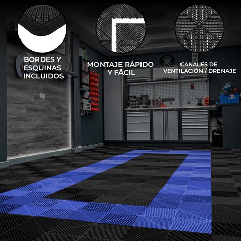 BALDOSAS Polipropileno c/canales de ventilación (225un) + BORDES  NEGRO (165) Y AZUL(60)  Azulejo Interconectable  Cobertura 36 m2  Antideslizante-Resistente al Clima  Piso Showroom Garage Taller